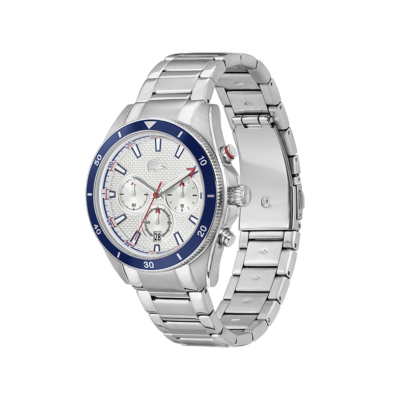 Reloj Lacoste analogo, para Hombre, tablero redondo colores plateado, azul y rojo, estilo index, pulso acero color plateado, calendario, cronografo