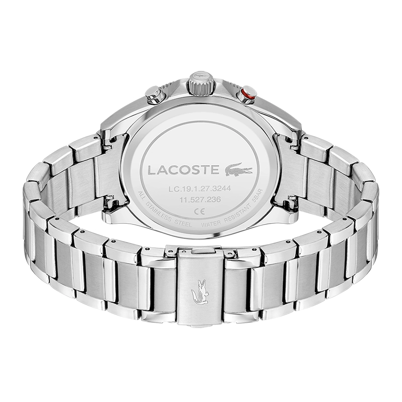 Reloj Lacoste analogo, para Hombre, tablero redondo colores plateado, azul y rojo, estilo index, pulso acero color plateado, calendario, cronografo