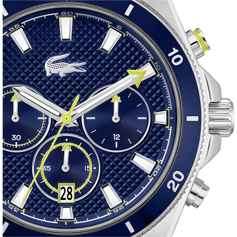 Reloj Lacoste analogo, para Hombre, tablero redondo colores azul y dorado, estilo index, pulso silicona colores negro y azul, calendario, cronografo