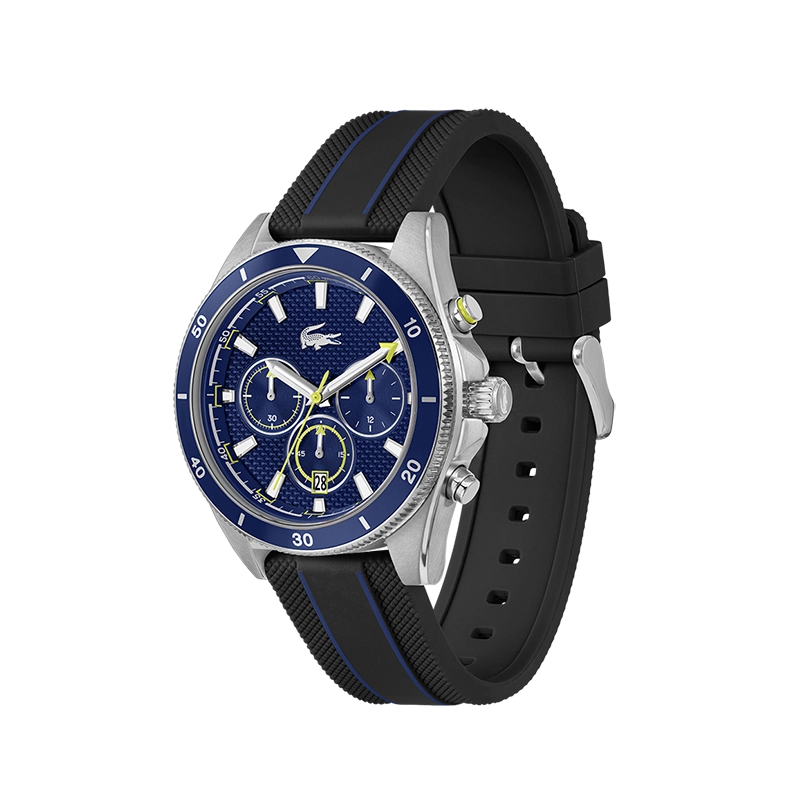 Reloj Lacoste analogo, para Hombre, tablero redondo colores azul y dorado, estilo index, pulso silicona colores negro y azul, calendario, cronografo