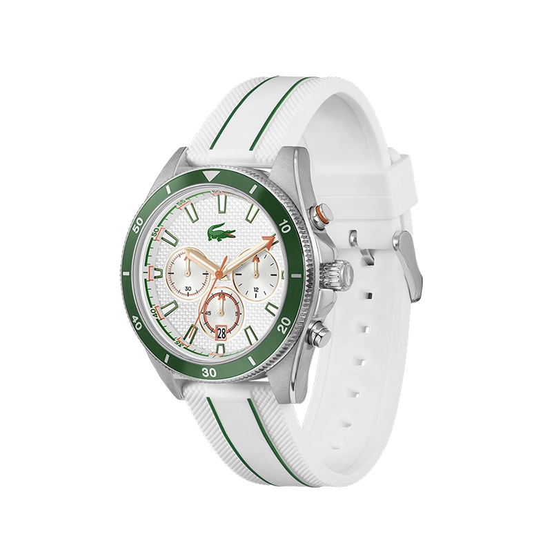 Reloj Lacoste analogo, para Hombre, tablero redondo color blanco, estilo index, pulso silicona colores blanco y verde, calendario, cronografo