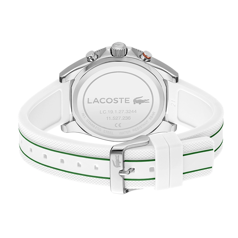 Reloj Lacoste analogo, para Hombre, tablero redondo color blanco, estilo index, pulso silicona colores blanco y verde, calendario, cronografo