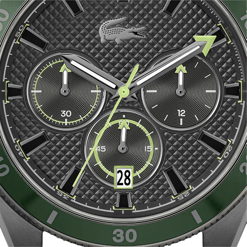 Reloj Lacoste análogo, para Hombre, tablero redondo colores negro y verde, estilo index, pulso silicona color verde, calendario, cronografo