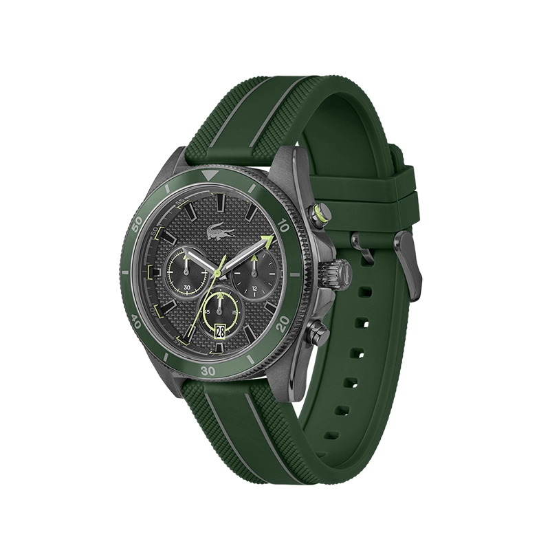 Reloj Lacoste análogo, para Hombre, tablero redondo colores negro y verde, estilo index, pulso silicona color verde, calendario, cronografo