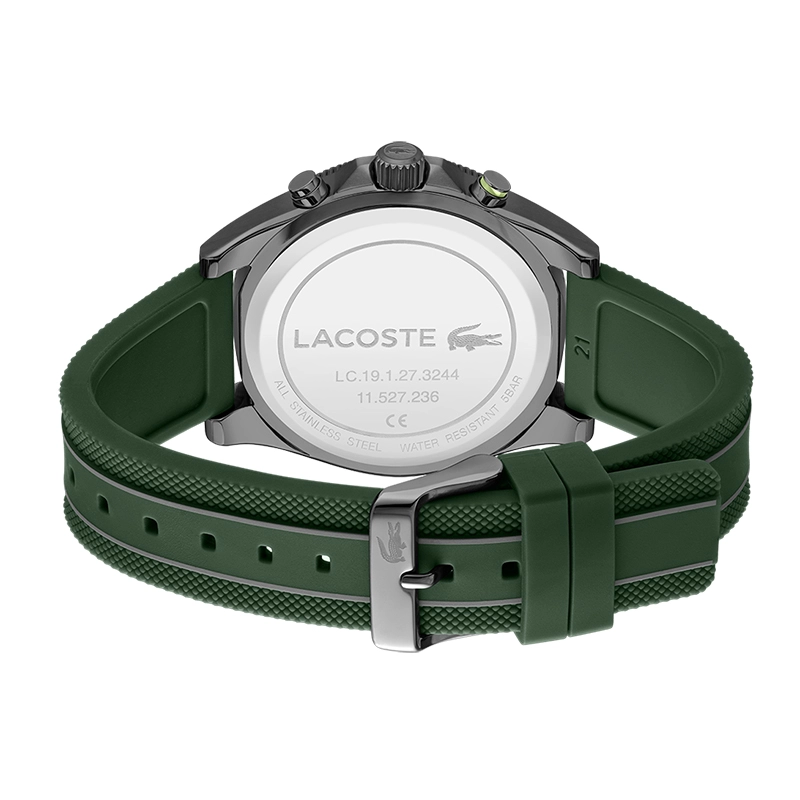 Reloj Lacoste análogo, para Hombre, tablero redondo colores negro y verde, estilo index, pulso silicona color verde, calendario, cronografo