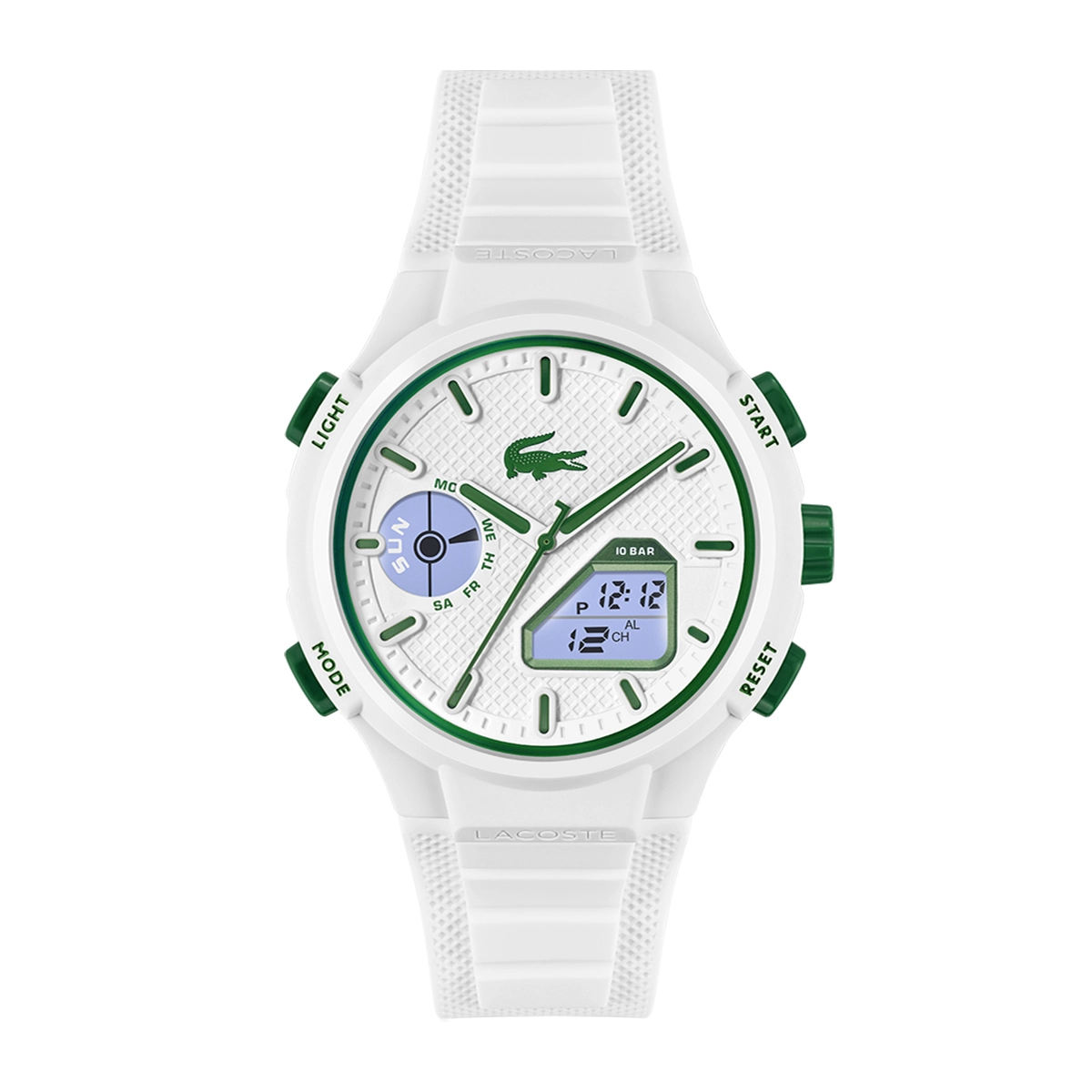 Reloj Lacoste analogo y digital, para Hombre, tablero redondo colores blanco y verde, estilo index, pulso silicona color blanco, calendario