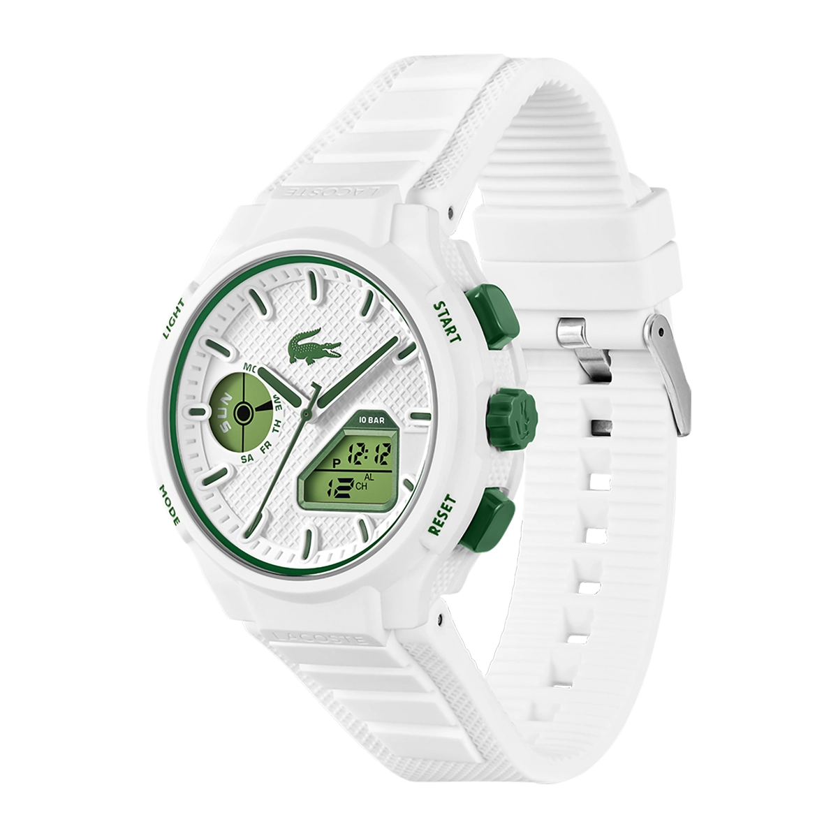 Reloj Lacoste analogo y digital, para Hombre, tablero redondo colores blanco y verde, estilo index, pulso silicona color blanco, calendario