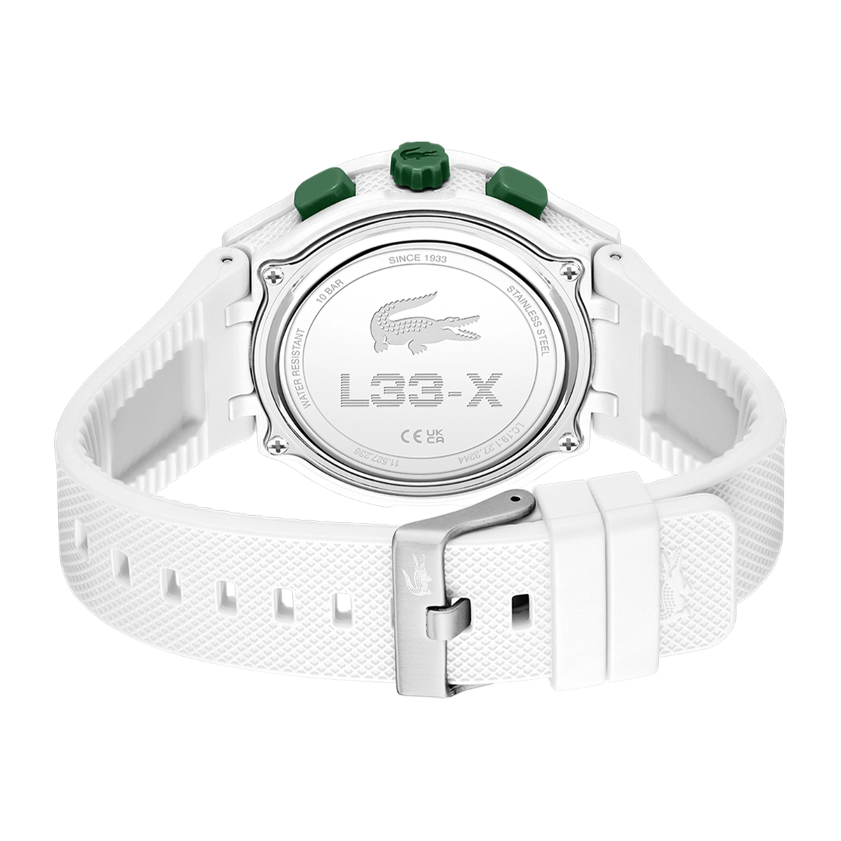 Reloj Lacoste analogo y digital, para Hombre, tablero redondo colores blanco y verde, estilo index, pulso silicona color blanco, calendario