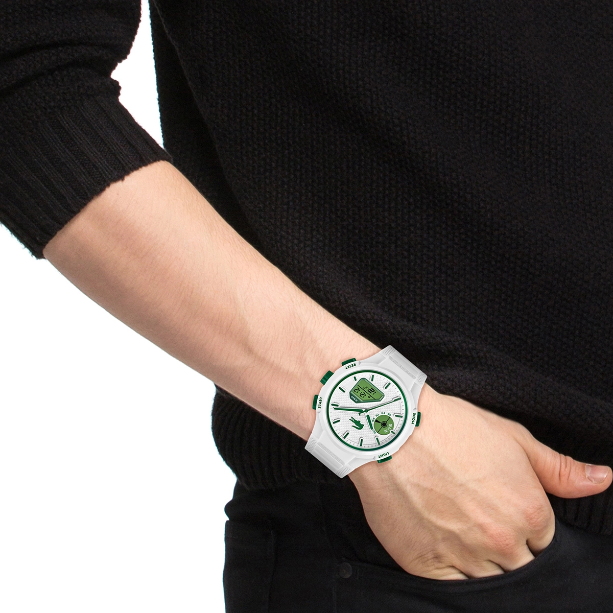 Reloj Lacoste analogo y digital, para Hombre, tablero redondo colores blanco y verde, estilo index, pulso silicona color blanco, calendario