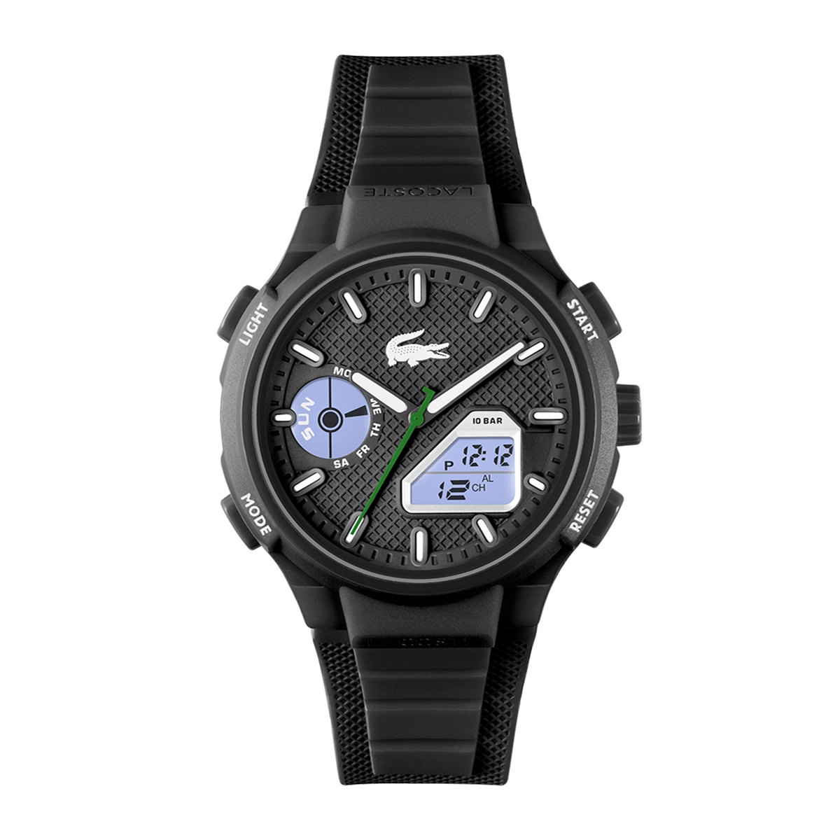 Reloj Lacoste análogo y digital, para Hombre, tablero redondo color negro, estilo index, pulso silicona color negro, calendario