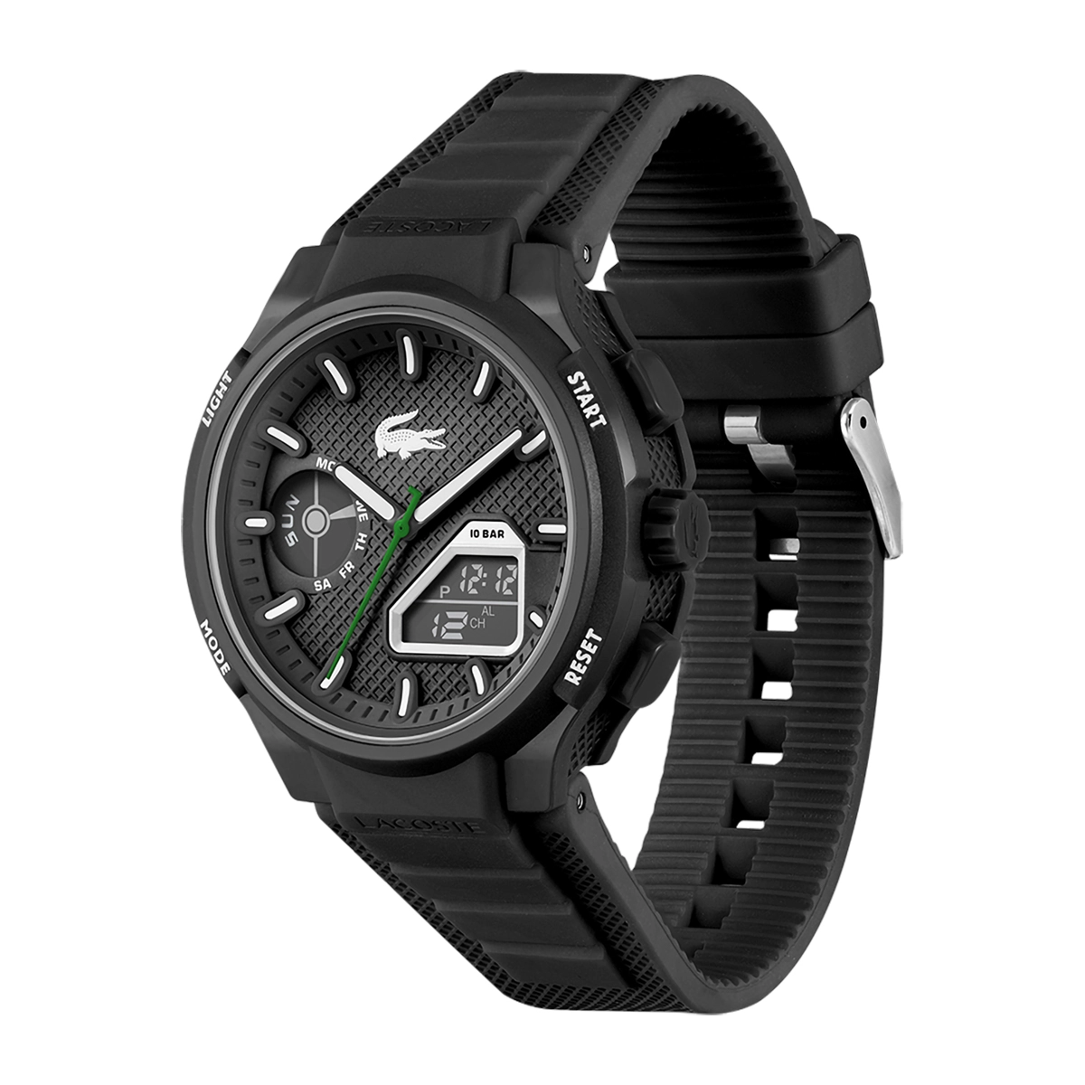 Reloj Lacoste análogo y digital, para Hombre, tablero redondo color negro, estilo index, pulso silicona color negro, calendario