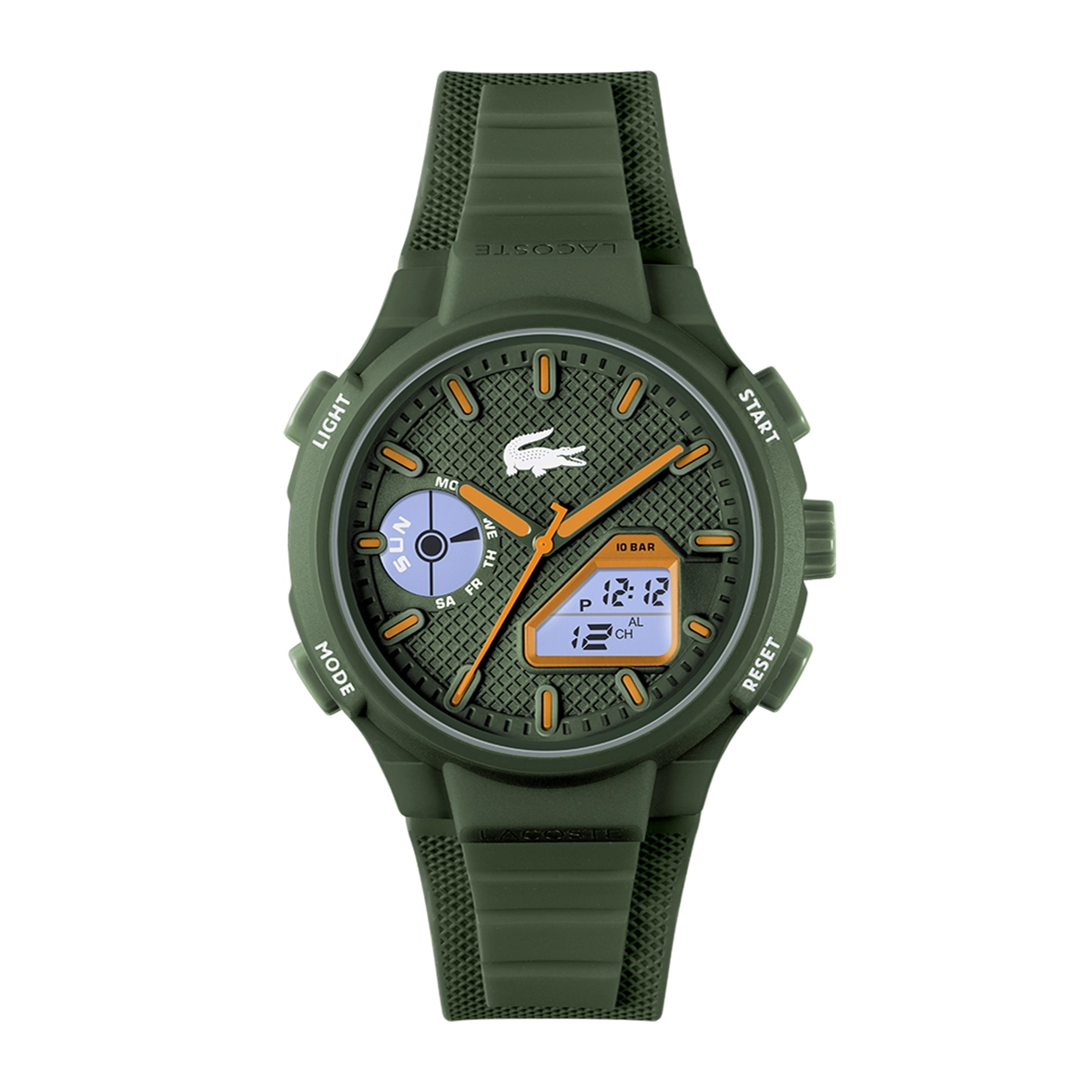 Reloj Lacoste analogo y digital, para Hombre, tablero redondo colores verde y naranja, estilo index, pulso silicona color verde, calendario