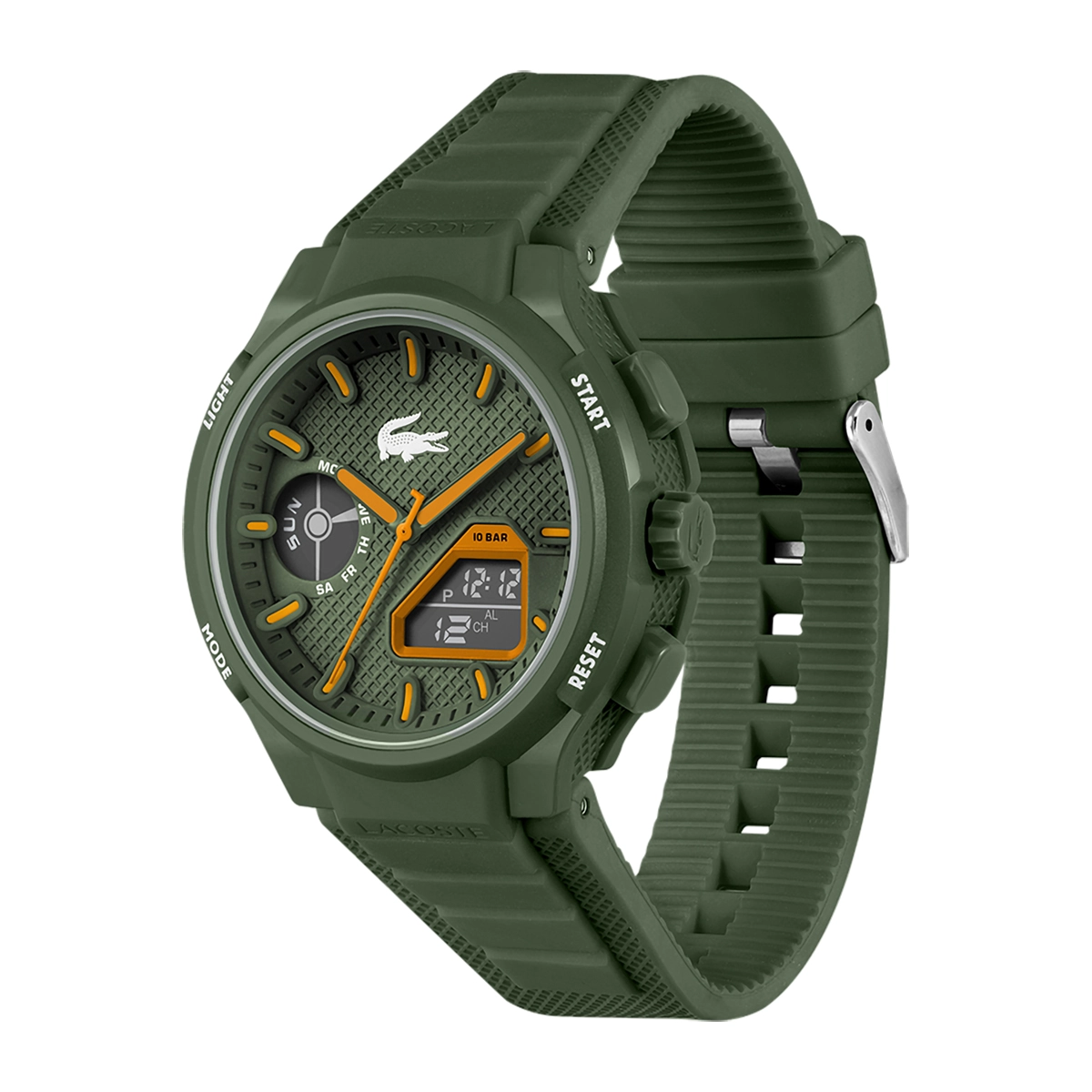Reloj Lacoste analogo y digital, para Hombre, tablero redondo colores verde y naranja, estilo index, pulso silicona color verde, calendario