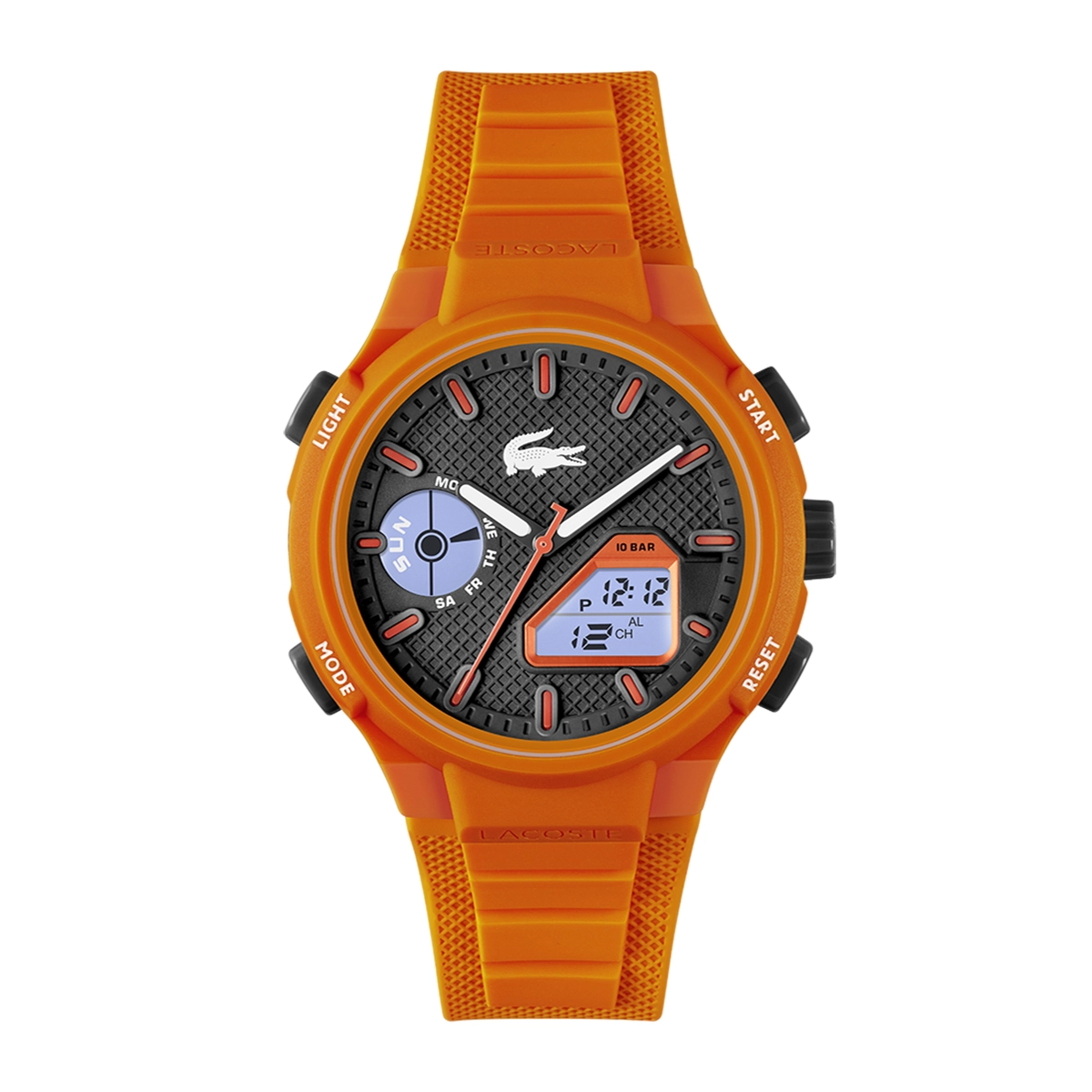 Reloj Lacoste analogo y digital, para Hombre, tablero redondo colores negro y naranja, estilo index, pulso silicona color naranja, calendario