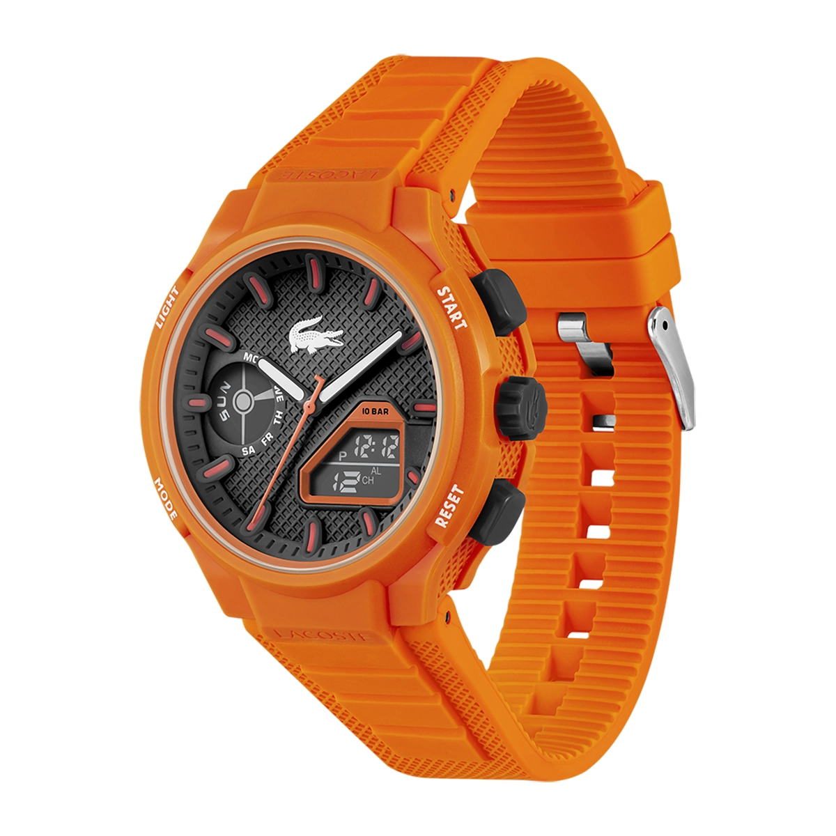 Reloj Lacoste analogo y digital, para Hombre, tablero redondo colores negro y naranja, estilo index, pulso silicona color naranja, calendario