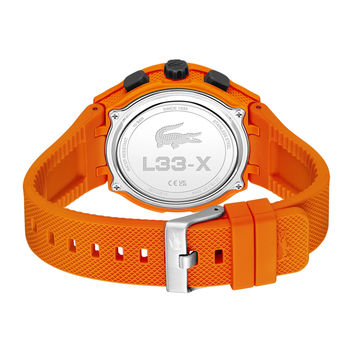 Reloj Lacoste analogo y digital, para Hombre, tablero redondo colores negro y naranja, estilo index, pulso silicona color naranja, calendario