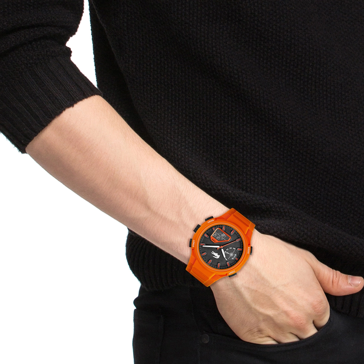 Reloj Lacoste analogo y digital, para Hombre, tablero redondo colores negro y naranja, estilo index, pulso silicona color naranja, calendario