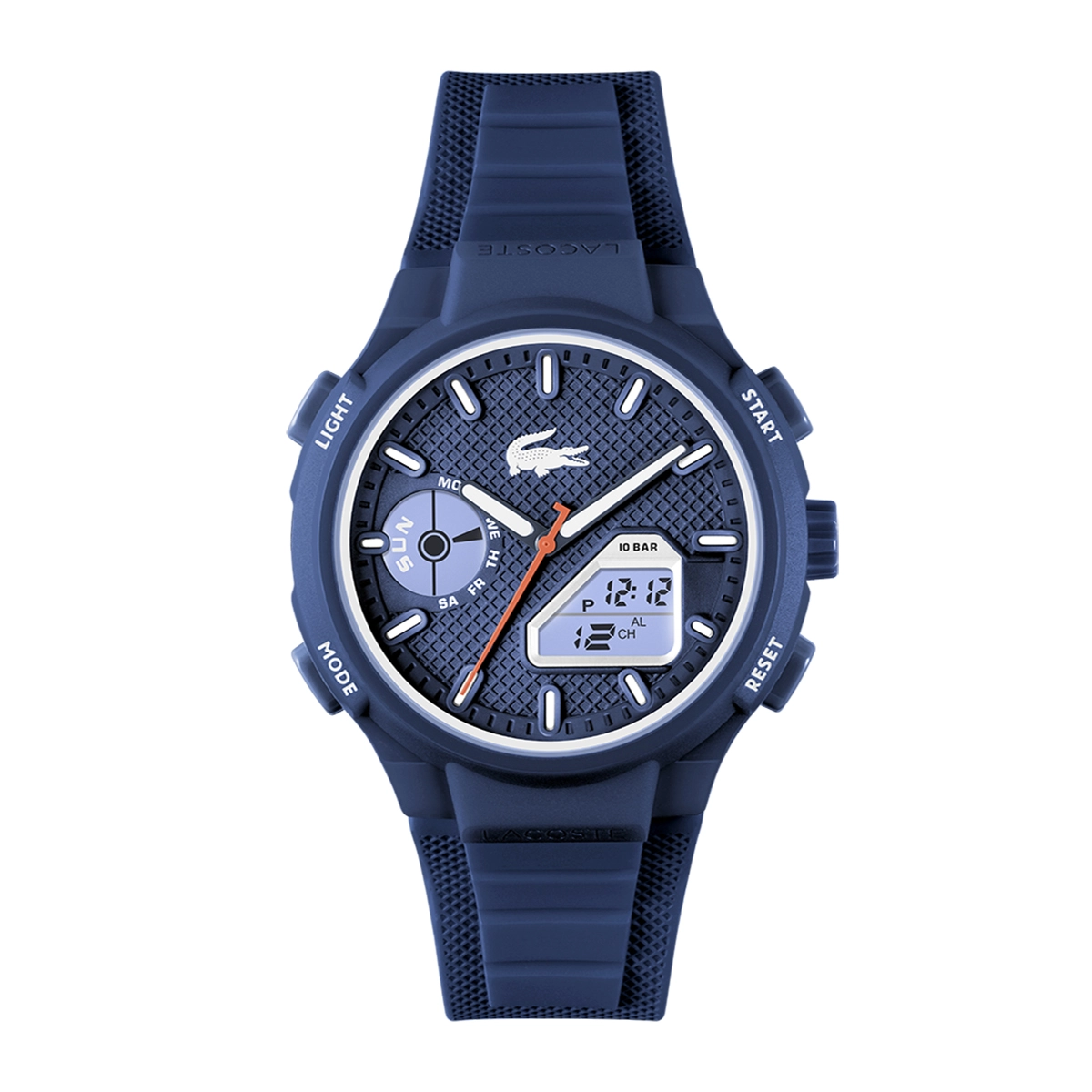 Reloj Lacoste analogo y digital, para Hombre, tablero redondo colores azul y naranja, estilo index, pulso silicona color azul, calendario