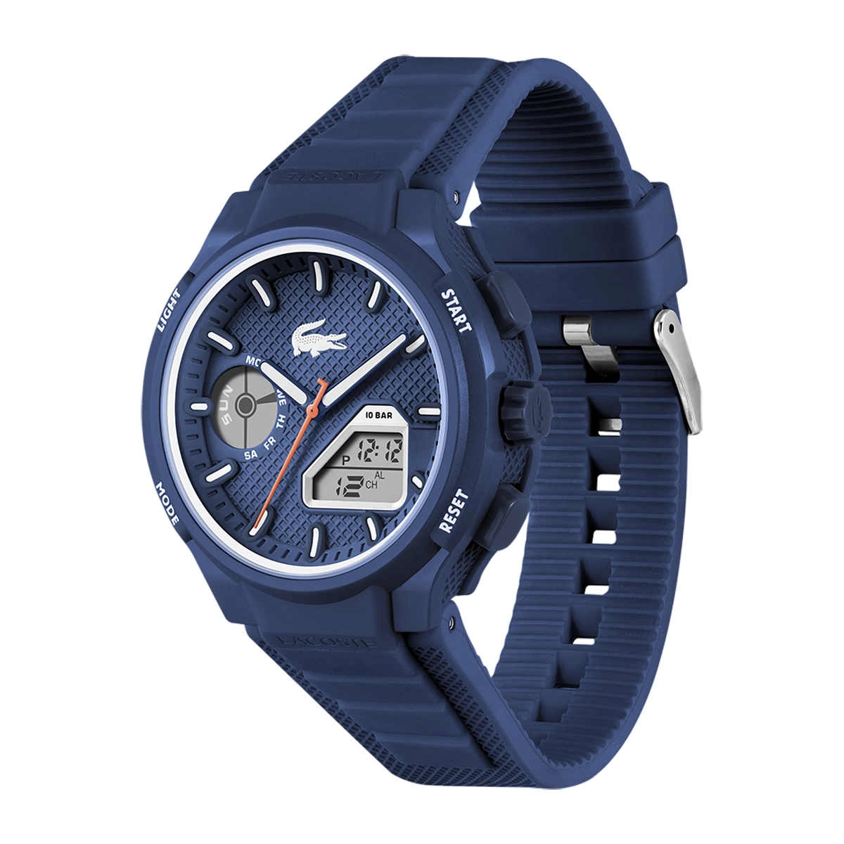 Reloj Lacoste analogo y digital, para Hombre, tablero redondo colores azul y naranja, estilo index, pulso silicona color azul, calendario