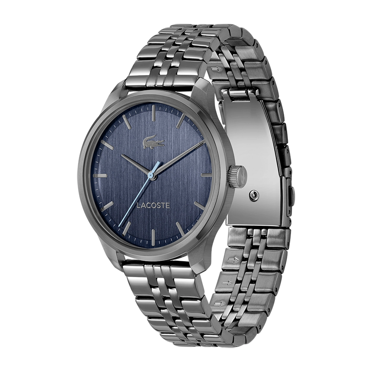 Reloj Lacoste análogo, para Hombre, tablero redondo colores azul y gris, estilo index, pulso acero color gris