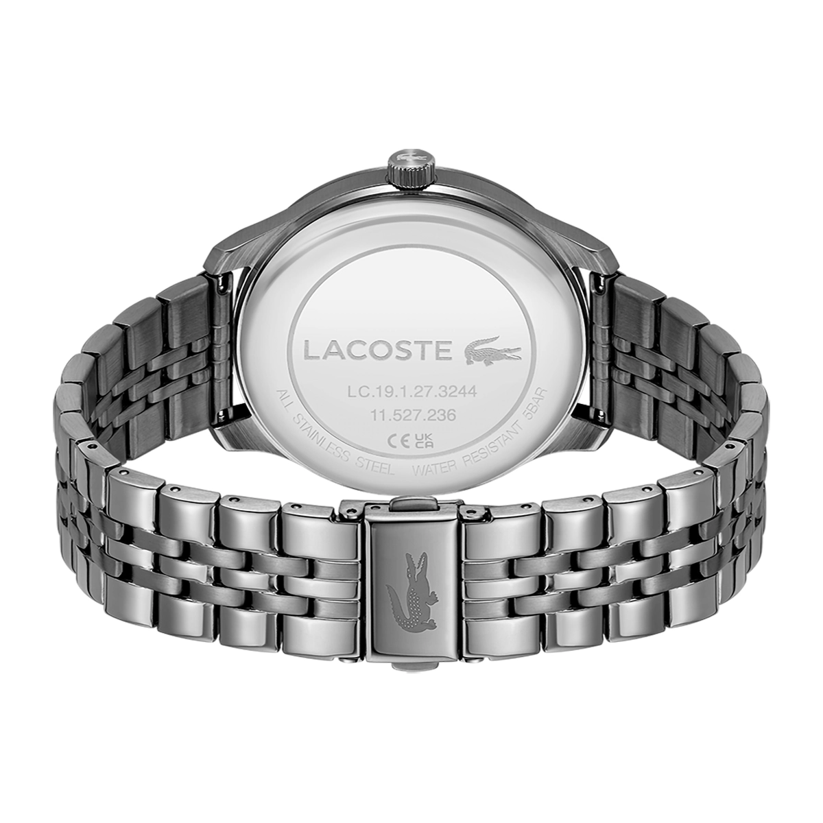 Reloj Lacoste análogo, para Hombre, tablero redondo colores azul y gris, estilo index, pulso acero color gris