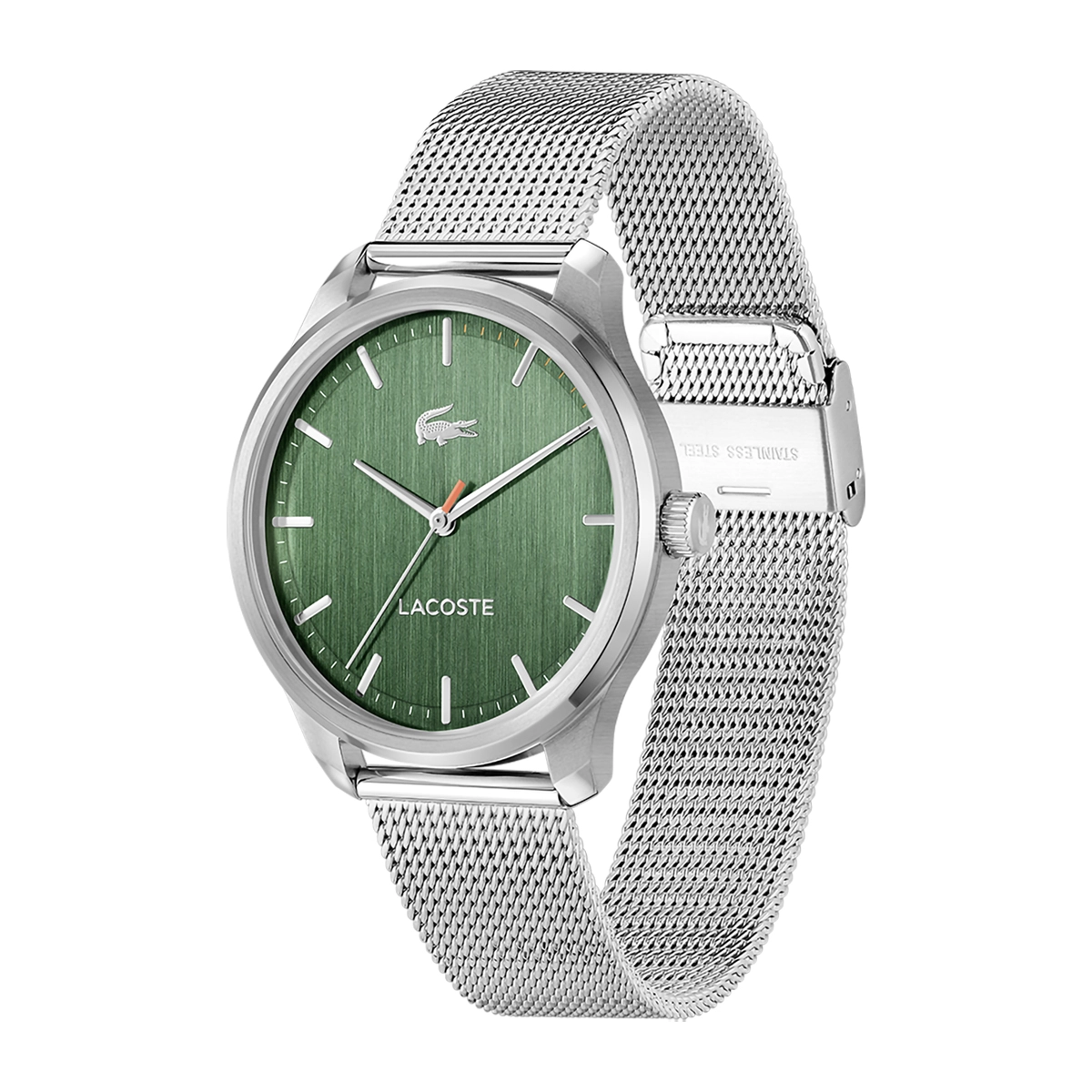 Reloj Lacoste análogo, para Hombre, tablero redondo color verde, estilo index, pulso acero color plateado