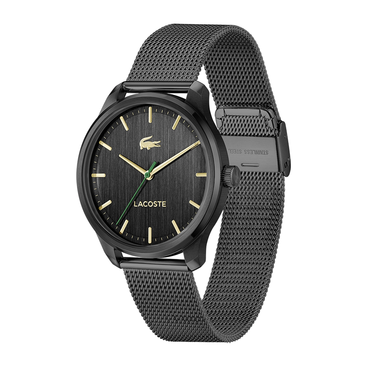 Reloj Lacoste analogo, para Hombre, tablero redondo colores negro y dorado, estilo index, pulso acero color negro