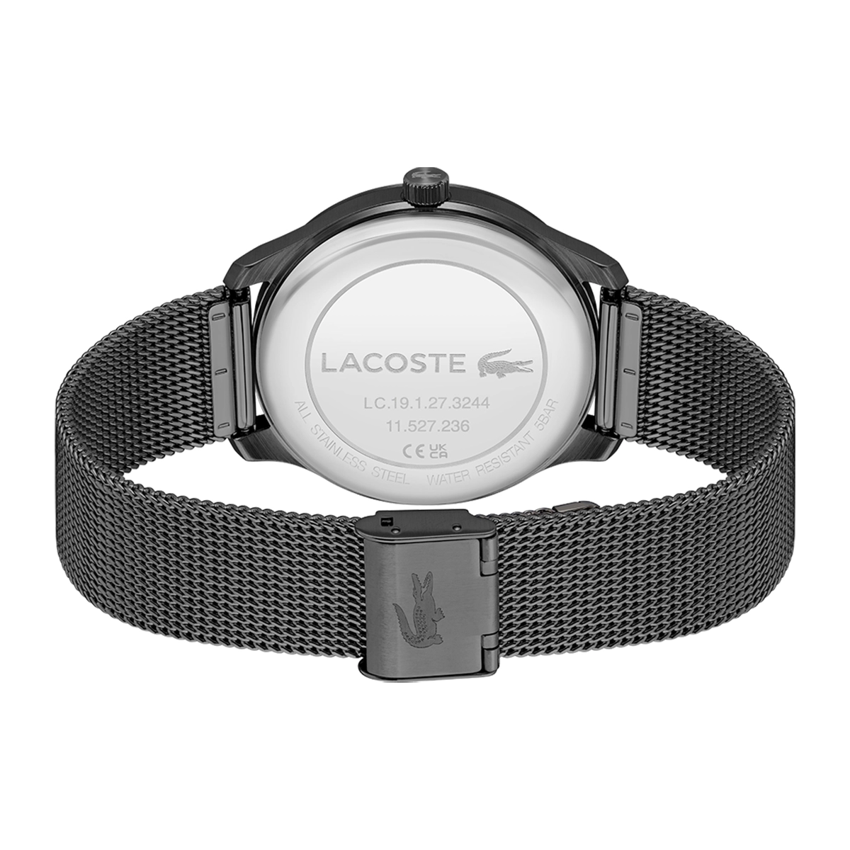 Reloj Lacoste analogo, para Hombre, tablero redondo colores negro y dorado, estilo index, pulso acero color negro