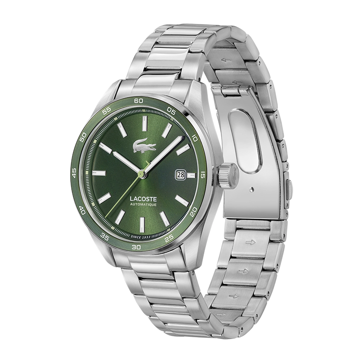 Reloj Lacoste analogo, para Hombre, tablero redondo color verde, estilo index, pulso acero color plateado, calendario
