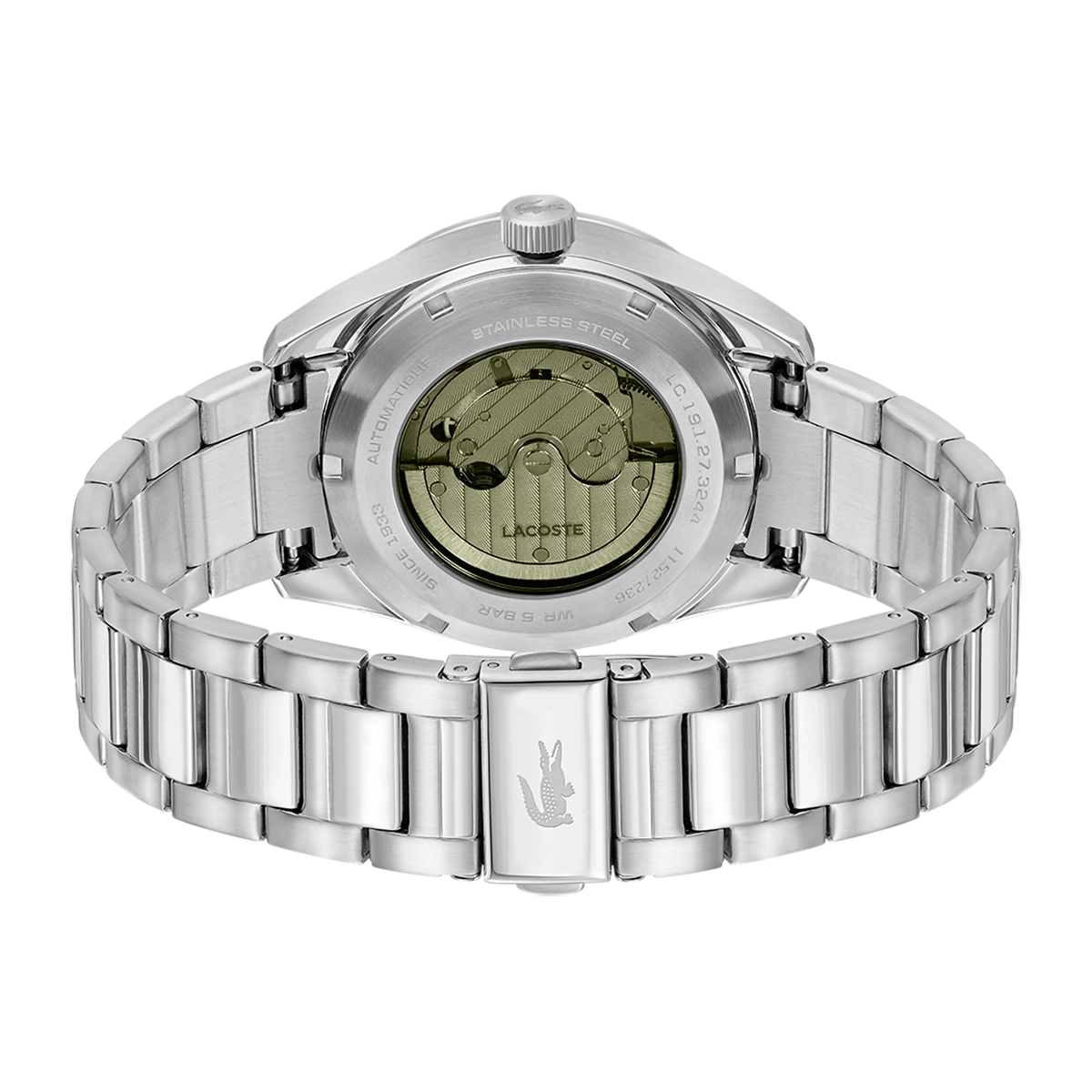 Reloj Lacoste analogo, para Hombre, tablero redondo color verde, estilo index, pulso acero color plateado, calendario