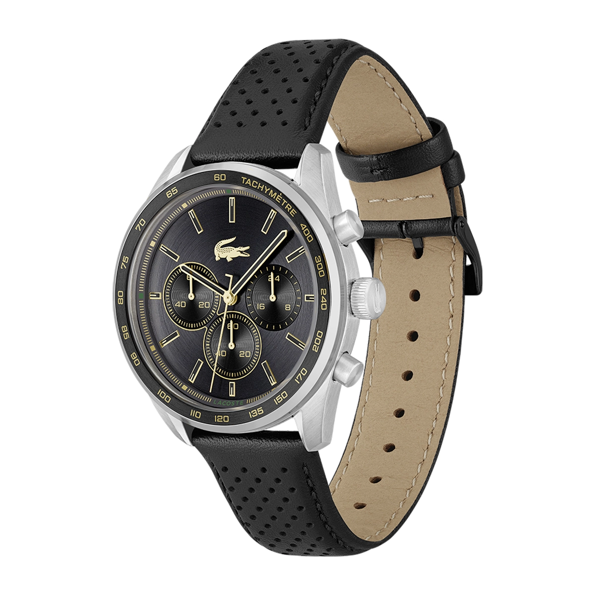 Reloj Lacoste analogo, para Hombre, tablero redondo colores negro y dorado, estilo index, pulso cuero color negro, cronografo