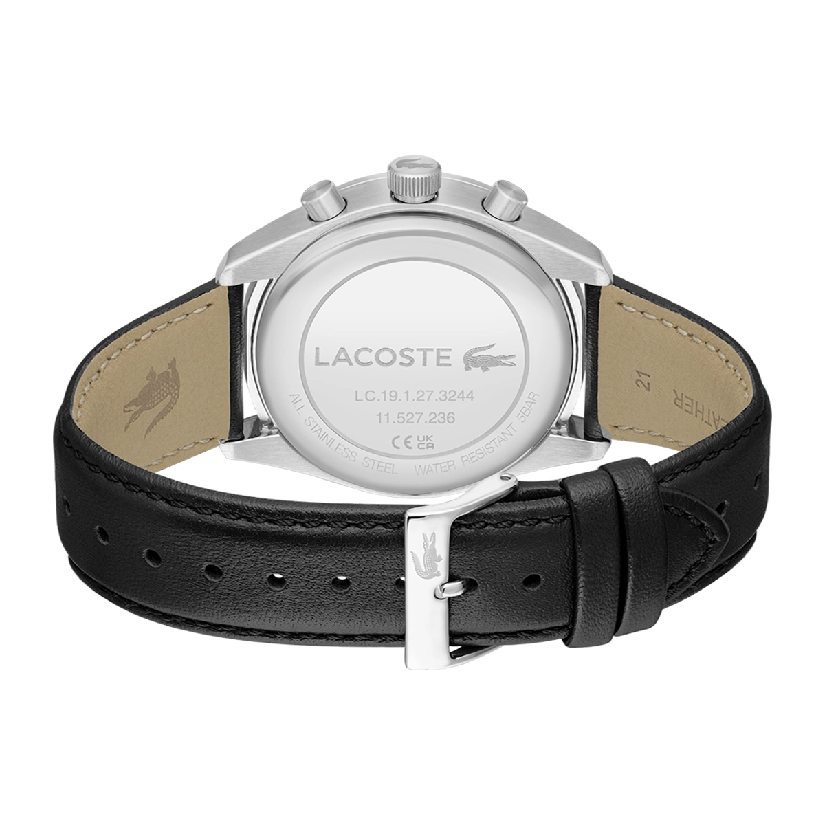 Reloj Lacoste analogo, para Hombre, tablero redondo colores negro y dorado, estilo index, pulso cuero color negro, cronografo