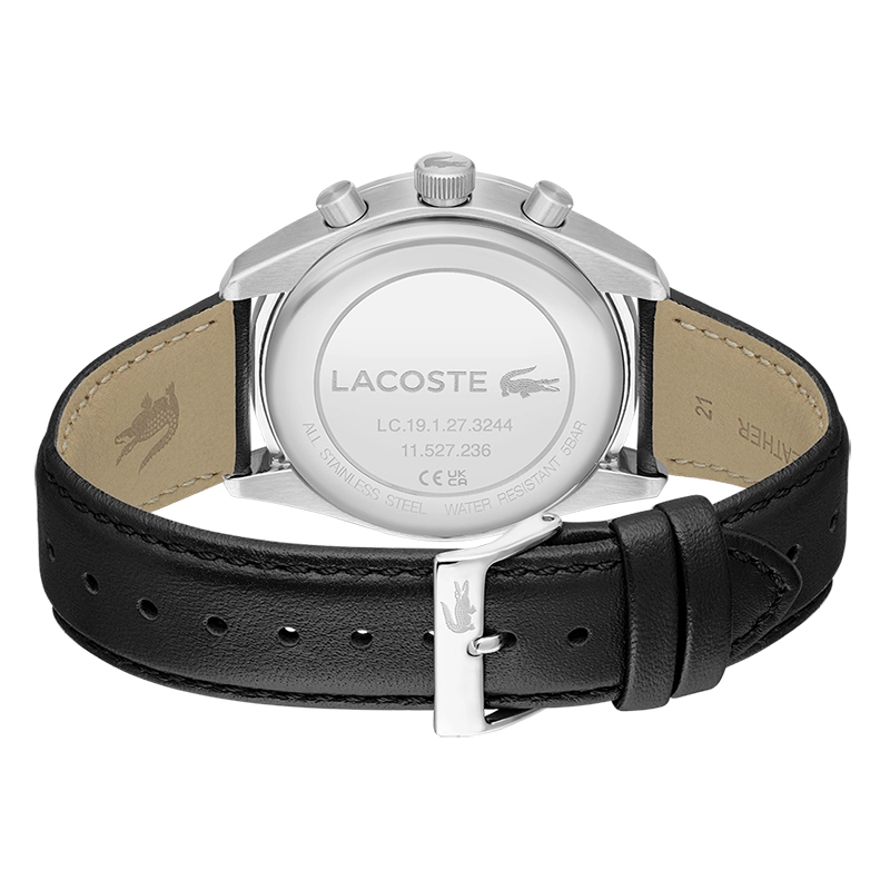 Reloj Lacoste analogo, para Hombre, tablero redondo colores negro y dorado, estilo index, pulso cuero color negro, cronografo