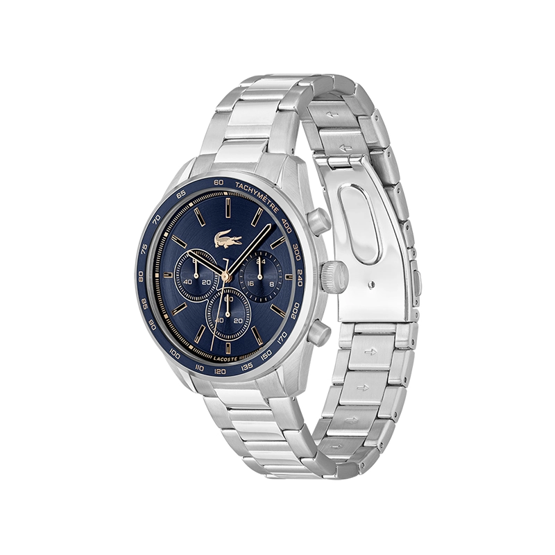 Reloj Lacoste analogo, para Hombre, tablero redondo colores azul y rosa, estilo index, pulso acero color plateado, cronografo