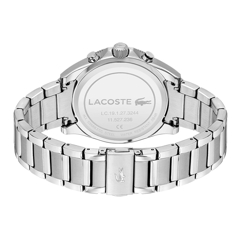 Reloj Lacoste analogo, para Hombre, tablero redondo colores negro y verde, estilo index, pulso acero color plateado, calendario, cronografo