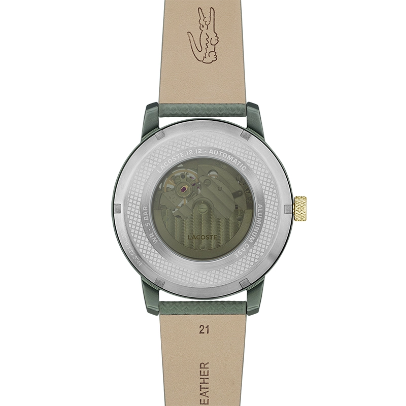 Reloj Lacoste analogo, para Hombre, tablero redondo colores negro y verde, estilo index, pulso cuero colores negro y verde