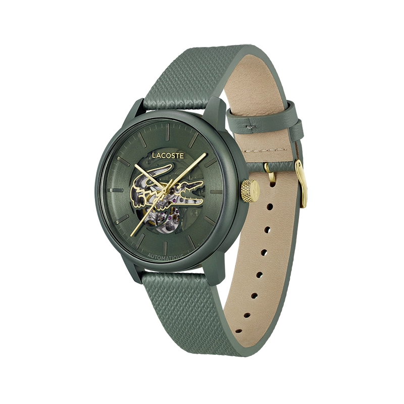 Reloj Lacoste analogo, para Hombre, tablero redondo colores negro y verde, estilo index, pulso cuero colores negro y verde