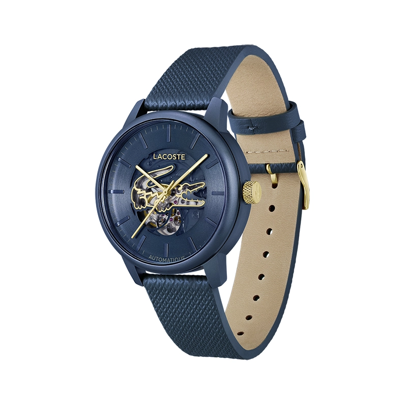 Reloj Lacoste analogo, para Hombre, tablero redondo colores negro y verde, estilo index, pulso cuero colores negro y verde