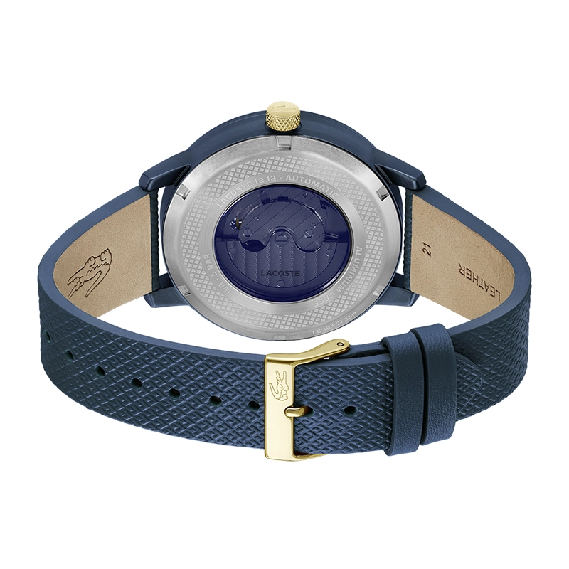 Reloj Lacoste analogo, para Hombre, tablero redondo colores negro y verde, estilo index, pulso cuero colores negro y verde