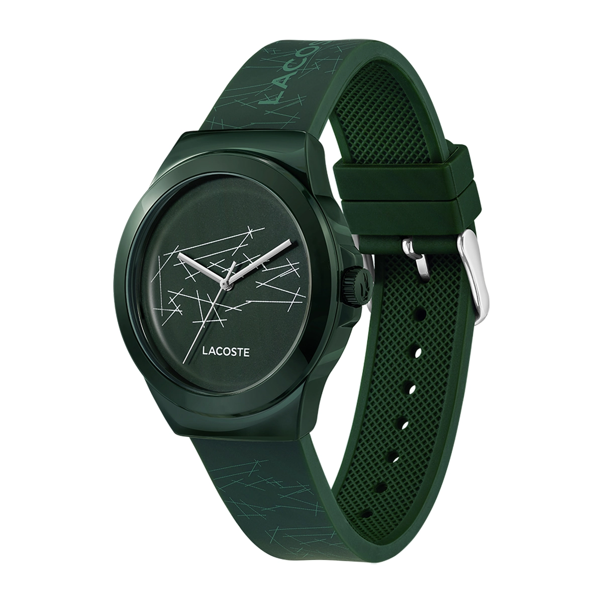 Reloj Lacoste analogo, Unisex, tablero redondo colores verde y blanco, estilo sin numeros, pulso silicona color verde