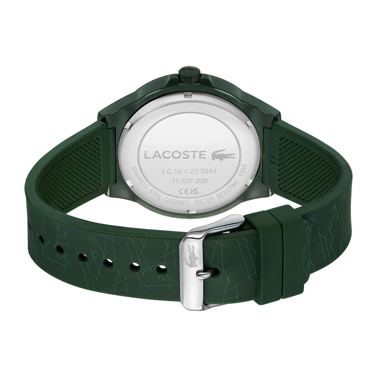 Reloj Lacoste analogo, Unisex, tablero redondo colores verde y blanco, estilo sin numeros, pulso silicona color verde