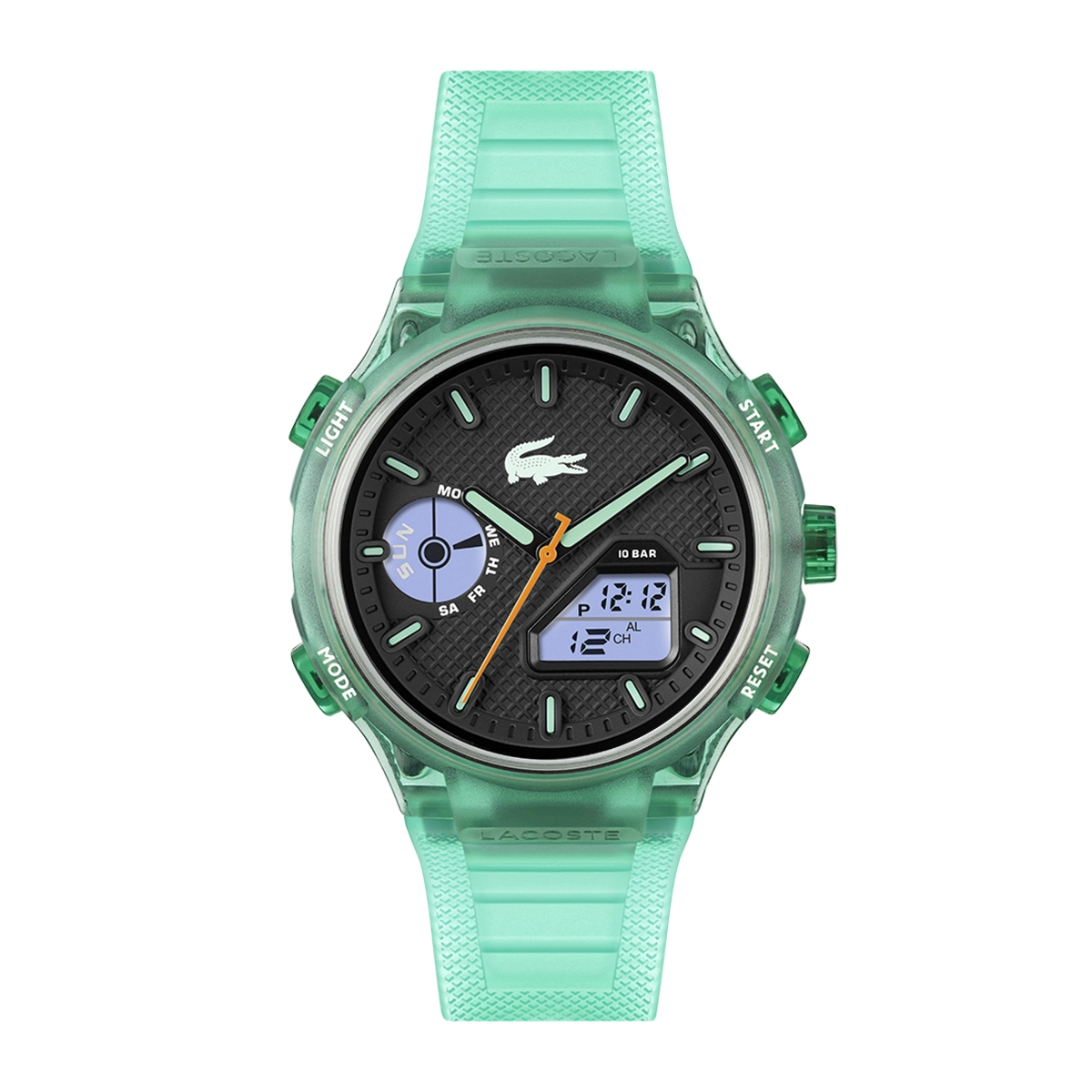 Reloj Lacoste analogo y digital, para Hombre, tablero redondo color negro, estilo index, pulso silicona color verde, calendario