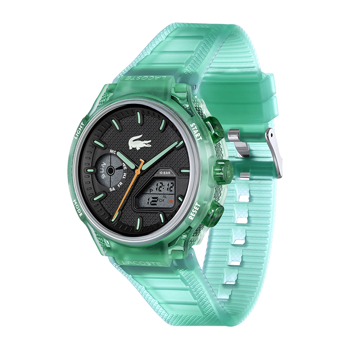 Reloj Lacoste analogo y digital, para Hombre, tablero redondo color negro, estilo index, pulso silicona color verde, calendario