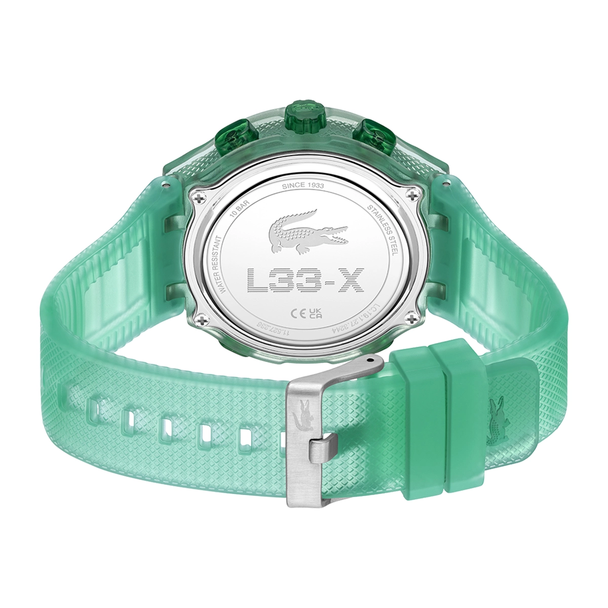 Reloj Lacoste analogo y digital, para Hombre, tablero redondo color negro, estilo index, pulso silicona color verde, calendario