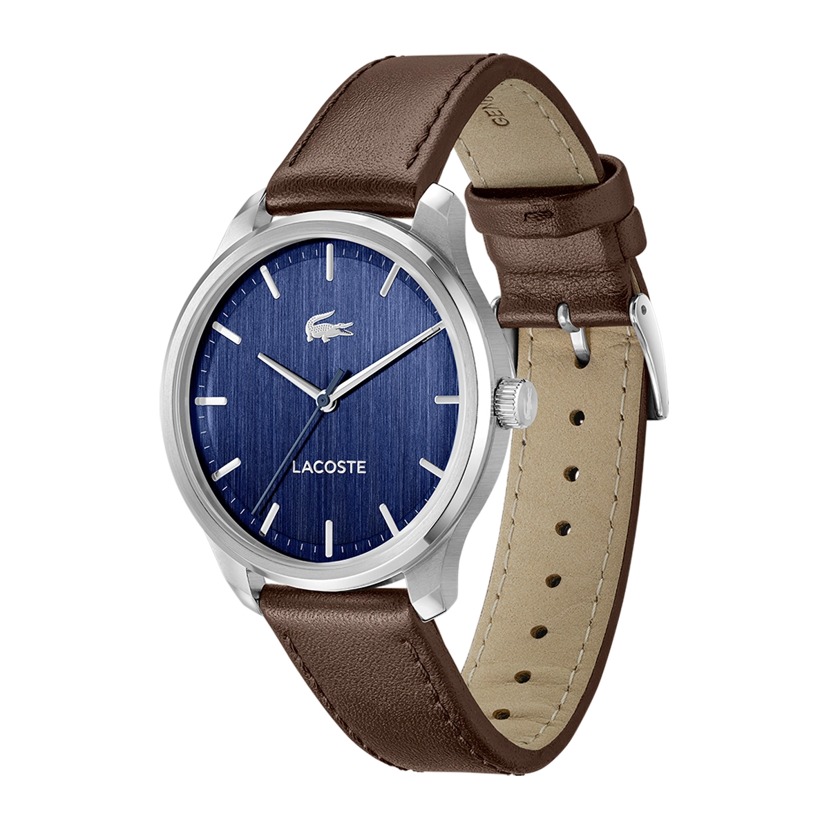 Reloj Lacoste análogo, para Hombre, tablero redondo color azul, estilo index, pulso cuero color café
