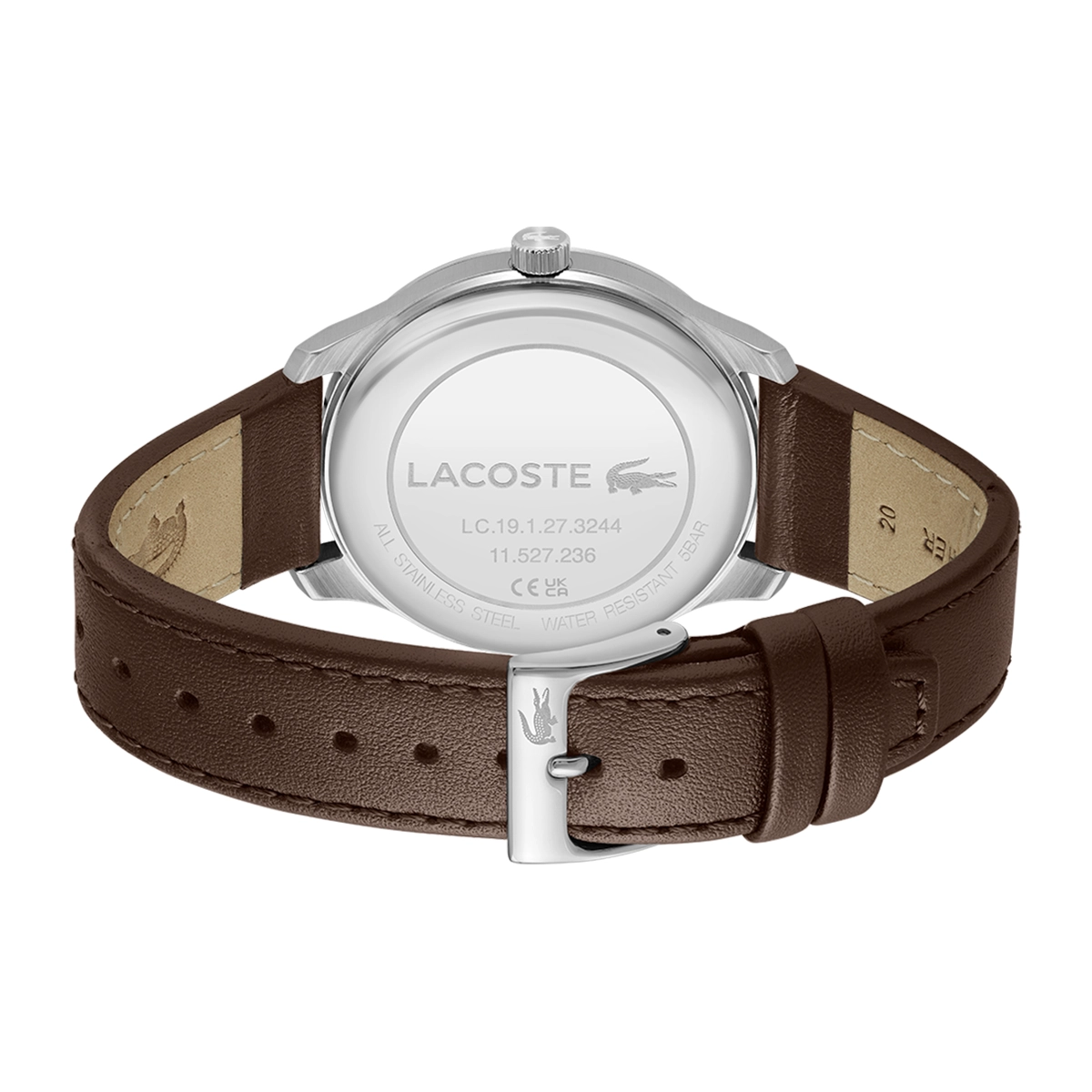 Reloj Lacoste análogo, para Hombre, tablero redondo color azul, estilo index, pulso cuero color café