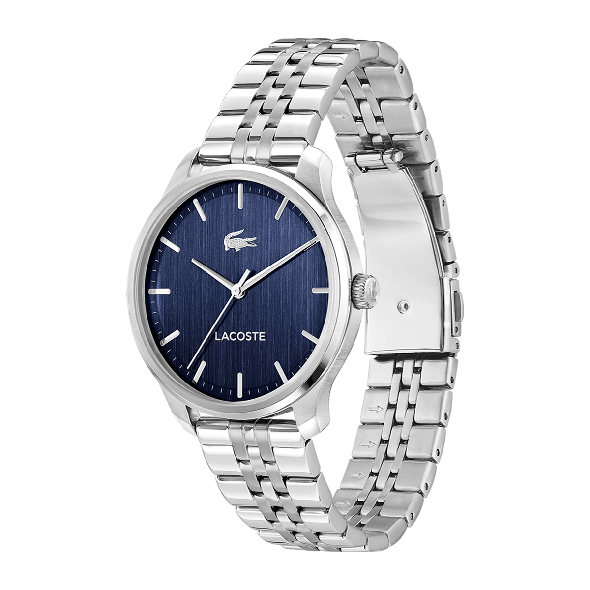 Reloj Lacoste análogo, para Hombre, tablero redondo color azul, estilo index, pulso acero color plateado