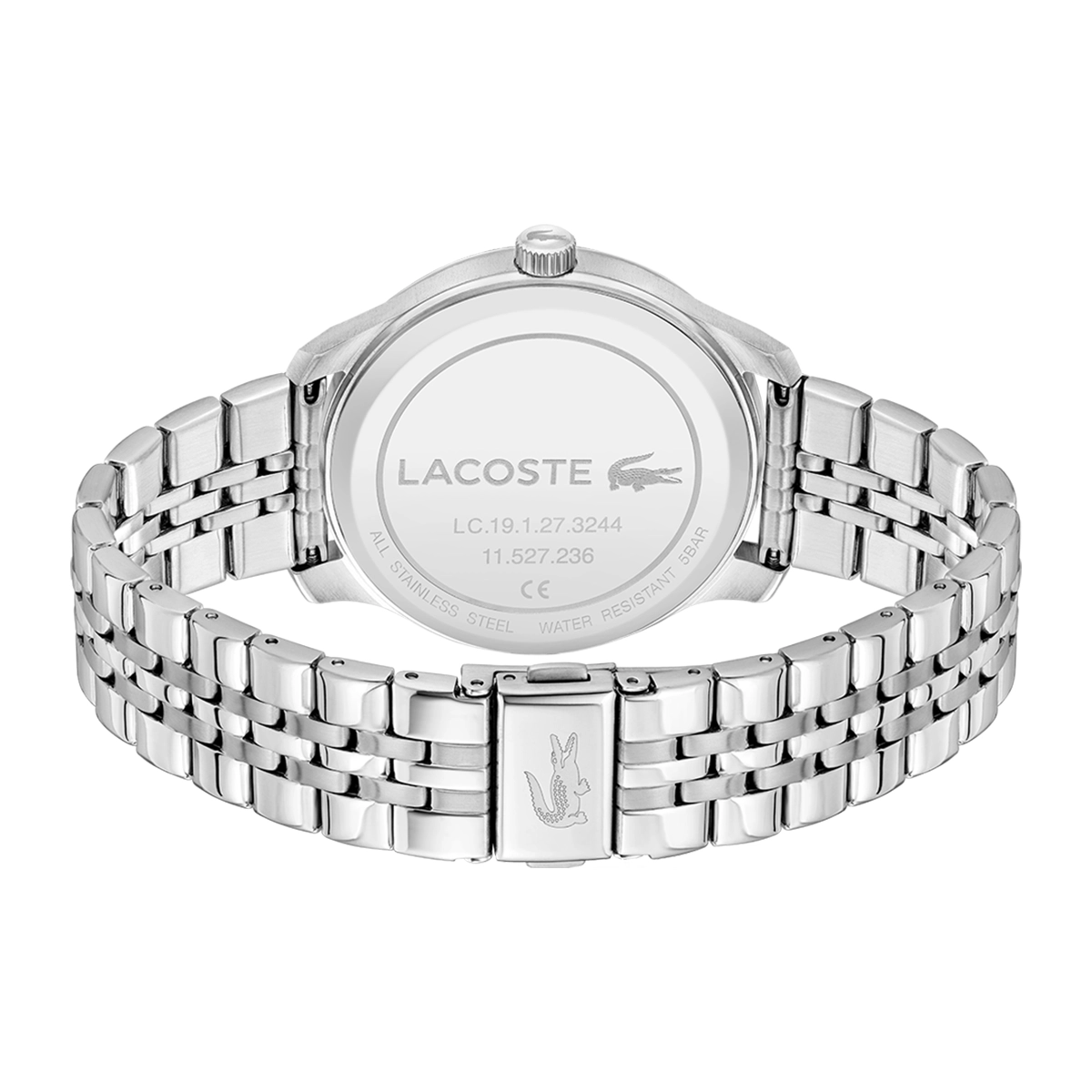 Reloj Lacoste análogo, para Hombre, tablero redondo color azul, estilo index, pulso acero color plateado