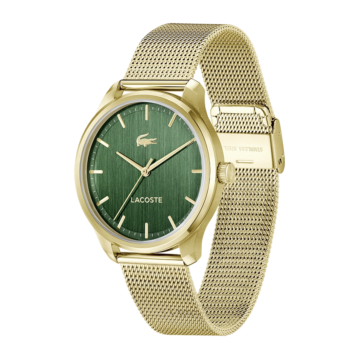 Reloj Lacoste análogo, para Hombre, tablero redondo color verde, estilo index, pulso acero color dorado