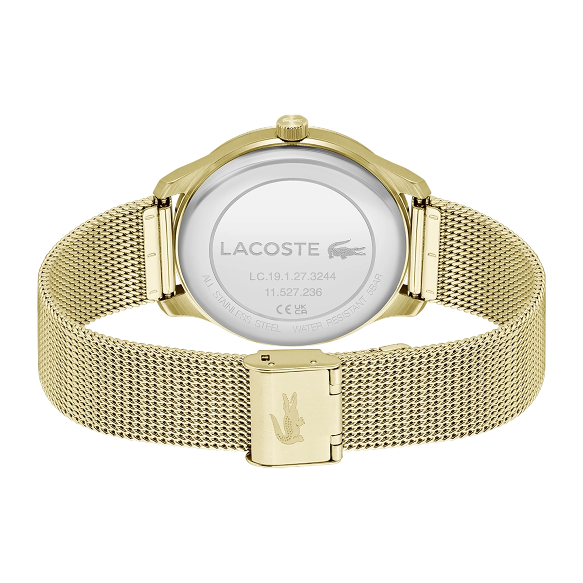 Reloj Lacoste análogo, para Hombre, tablero redondo color verde, estilo index, pulso acero color dorado